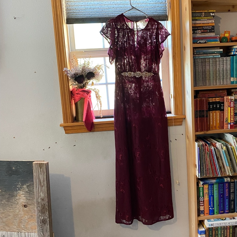 Bridesmaid dress Burgundy/wine Shabby Chic lace maxi dress, Dillard's size Small